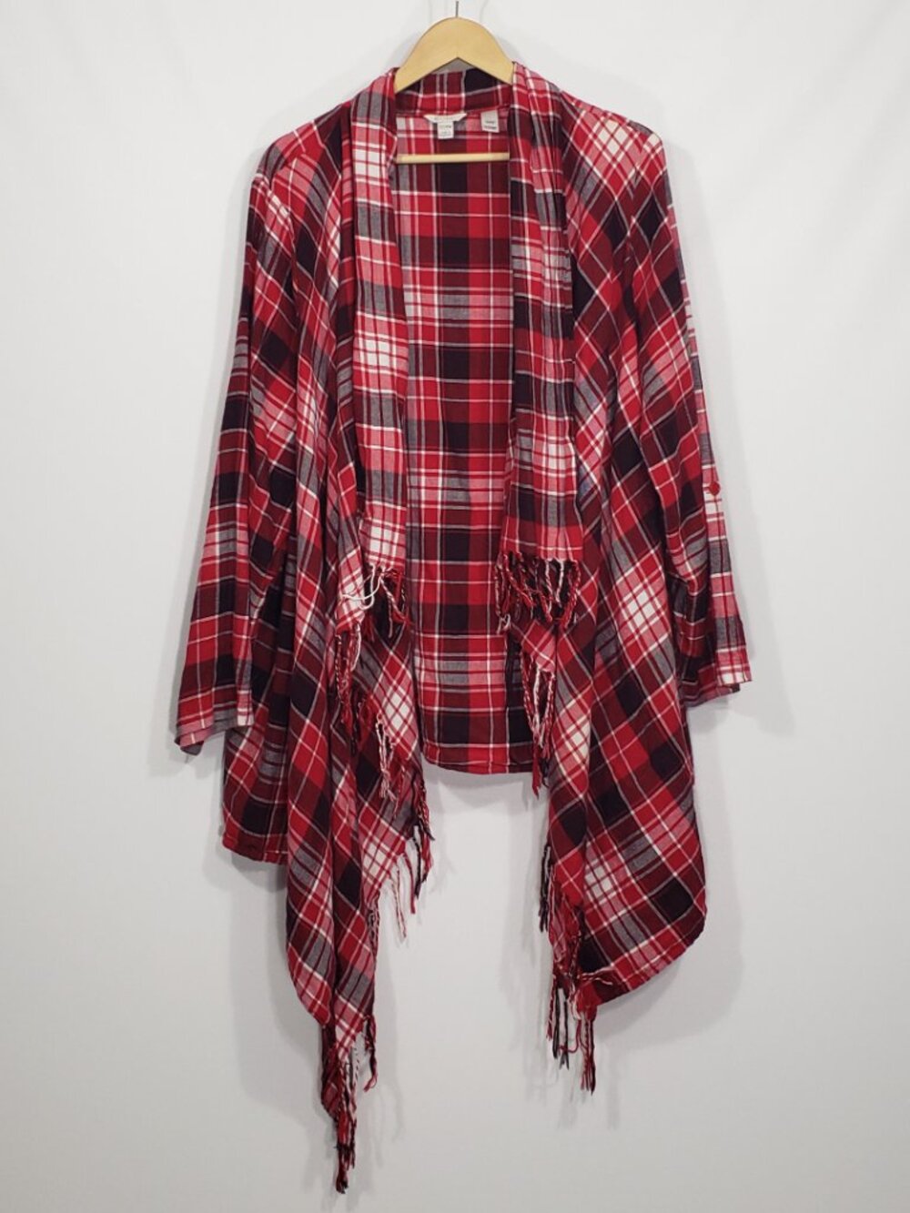 Cato  Red Black Plaid  Lightweight Flannel  Waterfall Open Front Cardigan 22-24W